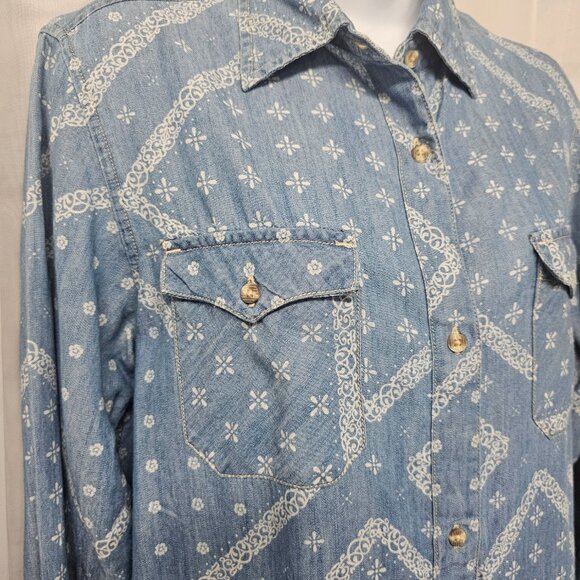 Wrangler Blue tunic button Up blouse Western Boho Casual M - Picture 3 of 12